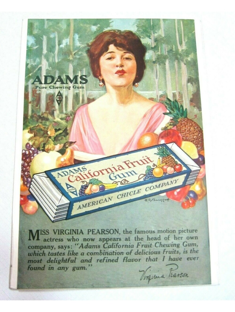 Antique 1919 Adams California Fruit Gum Ad Movie Star Virginia Pearson 14 x 9.5